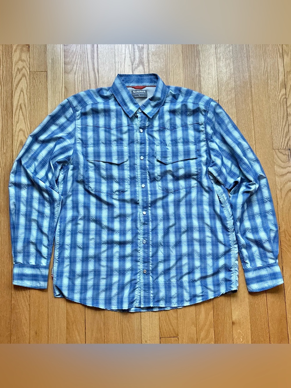 Simms Men’s Big Sky Long Sleeve Fishing Shirt Medium Blue White Plaid